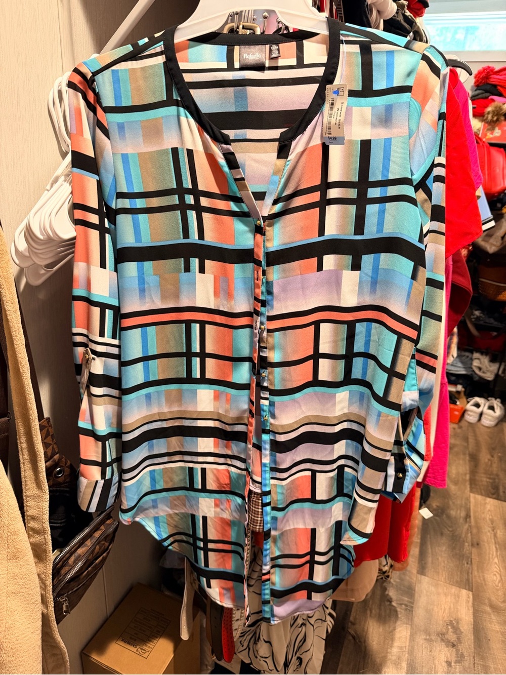 Rafaella Coral Aqua Teal Black Geometric Button-Front Blouse